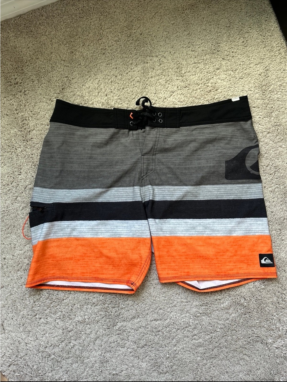 Quiksilver Men’s Orange, Gray & Black Striped Swim Trunks